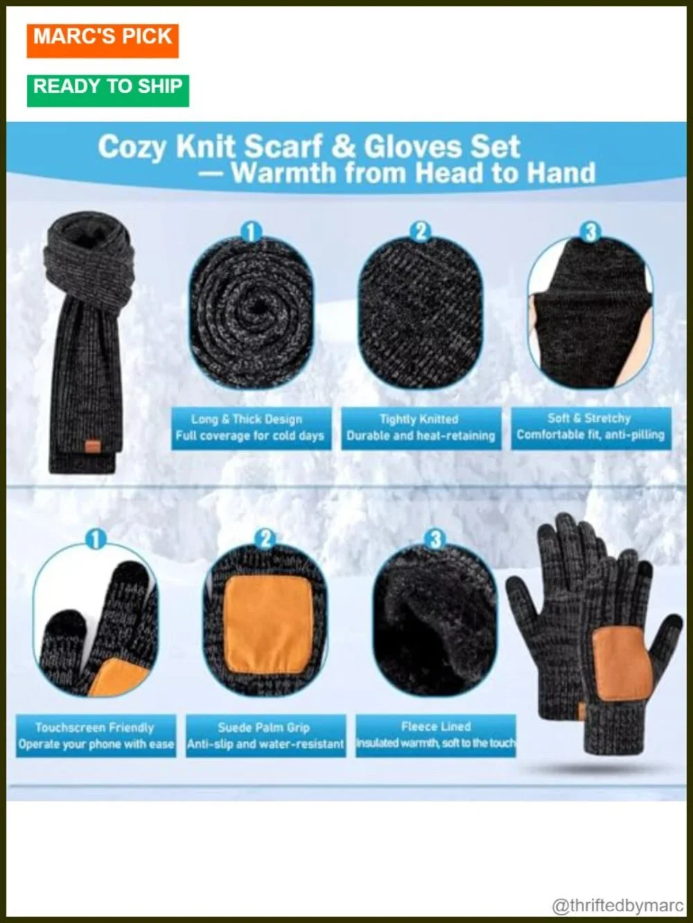 LED Beanie Gloves Scarf Set, Winter Hat with Light, Touchscreen Gloves, 3 in 1